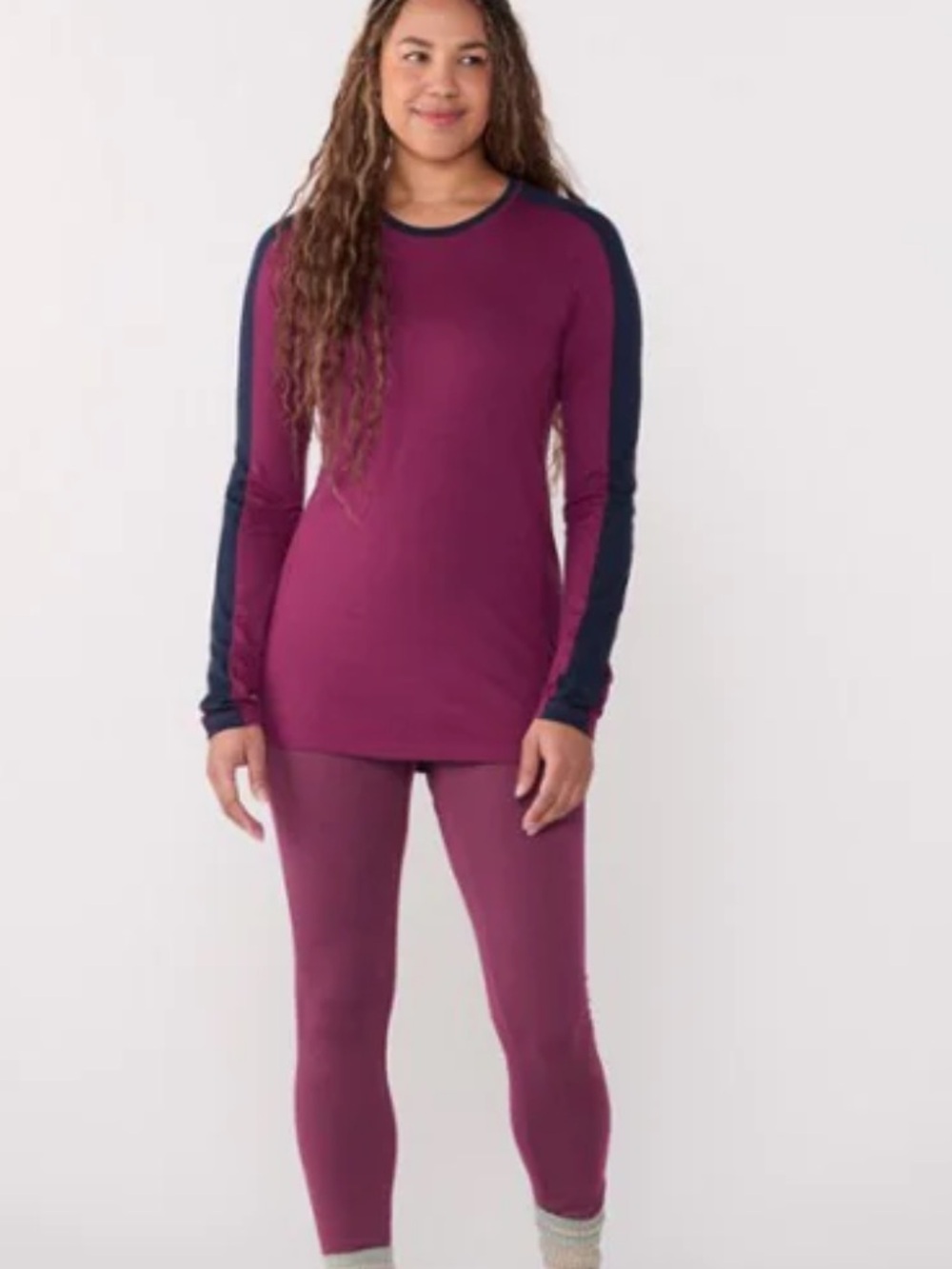 Purple REI merino wool baselayer top and bottom